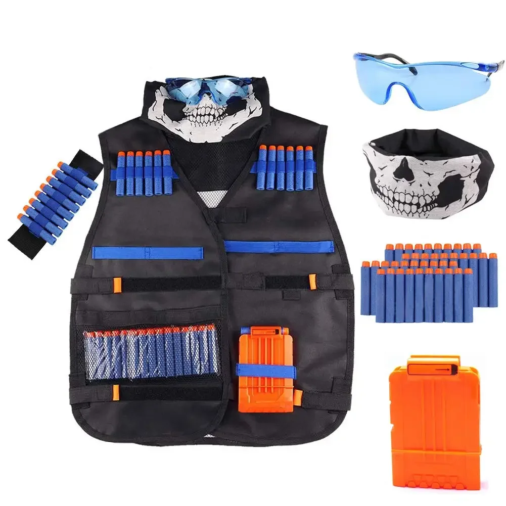 Kids Tactical Vest Kit Nerf Guns Series Refill Darts Reload Clips Tactical Mask Wrist Band and Protective Glasses Nerf Vest Toys