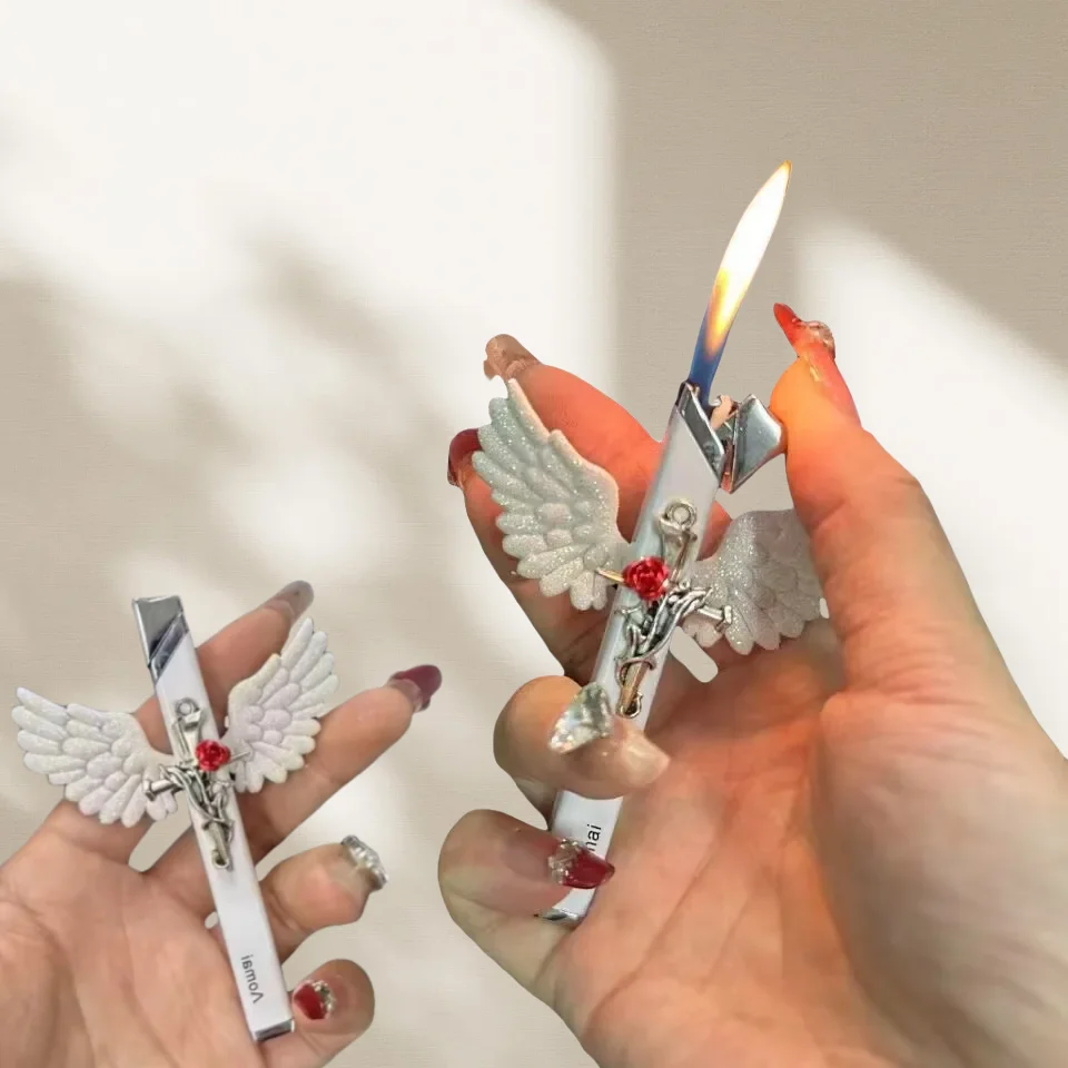 

New Beautiful Angel Inflatable Lighter Outdoor Cute Rose Butane Torch Gas Open Flame Mini Portable Metal Lighter Gift