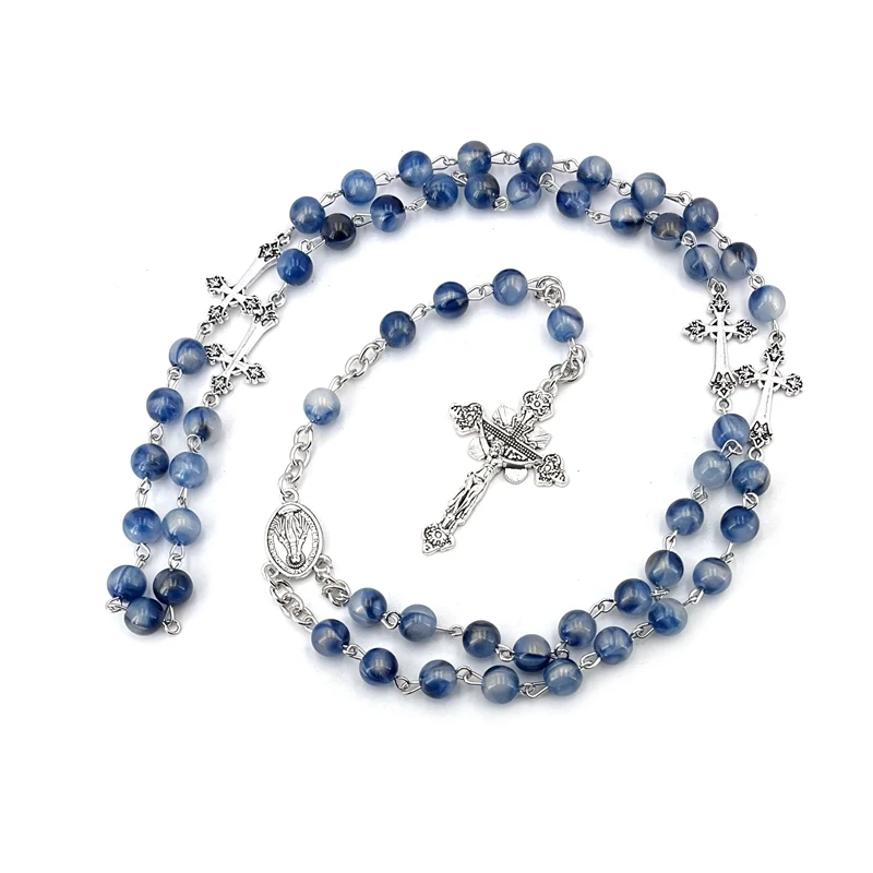Blue Acrylic Beads Rosary Necklace Crucifix Pendant Long Catholic Jewelry For Men Women