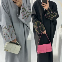 Full Sleeve Islamic Kimono Abaya Dubai Arab Black Maxi Cardigan Dress Womens Muslim Open Abaya Caftan Floral Embroidery LR790