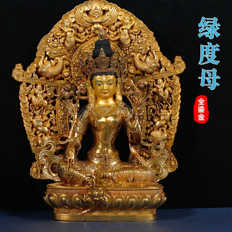 Tibetan-style fully gilded bronze Green Tara carved Buddha statue with backlight for home worship and temple decoration