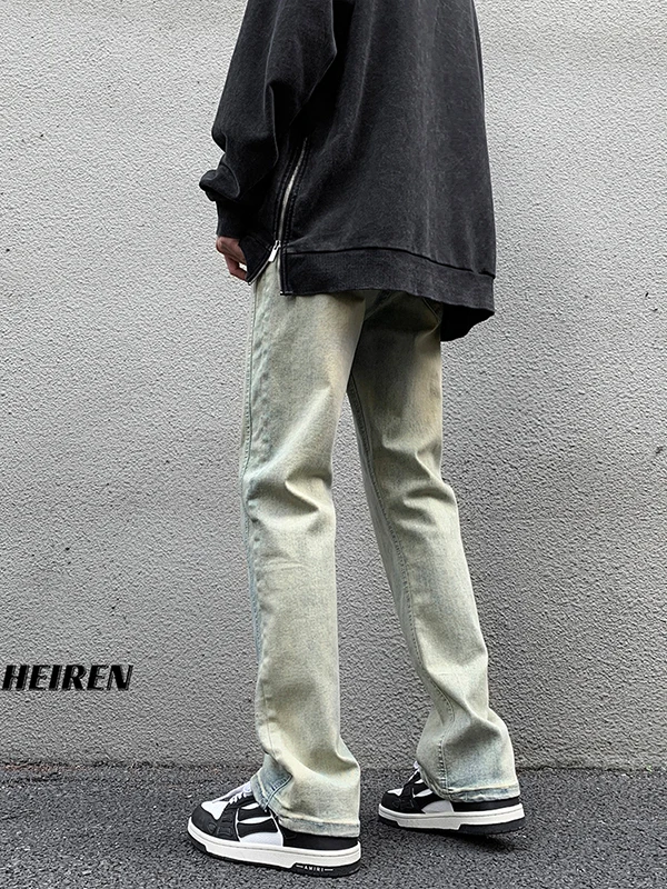 กางเกงยีนส์ผู้ชายสไตล์เรโทรอเมริกัน ทรงสลิมฟิต สีเหลืองเคลือบดิน ย้อมสีแบบไมโครเฟลร์ ทรงตรงขายาว