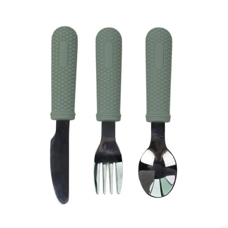 L5YF مقبض سيليكون للأطفال الصغار مع مجموعة شوكة وملعقة وأدوات مائدة من الفولاذ المقاوم للصدأ