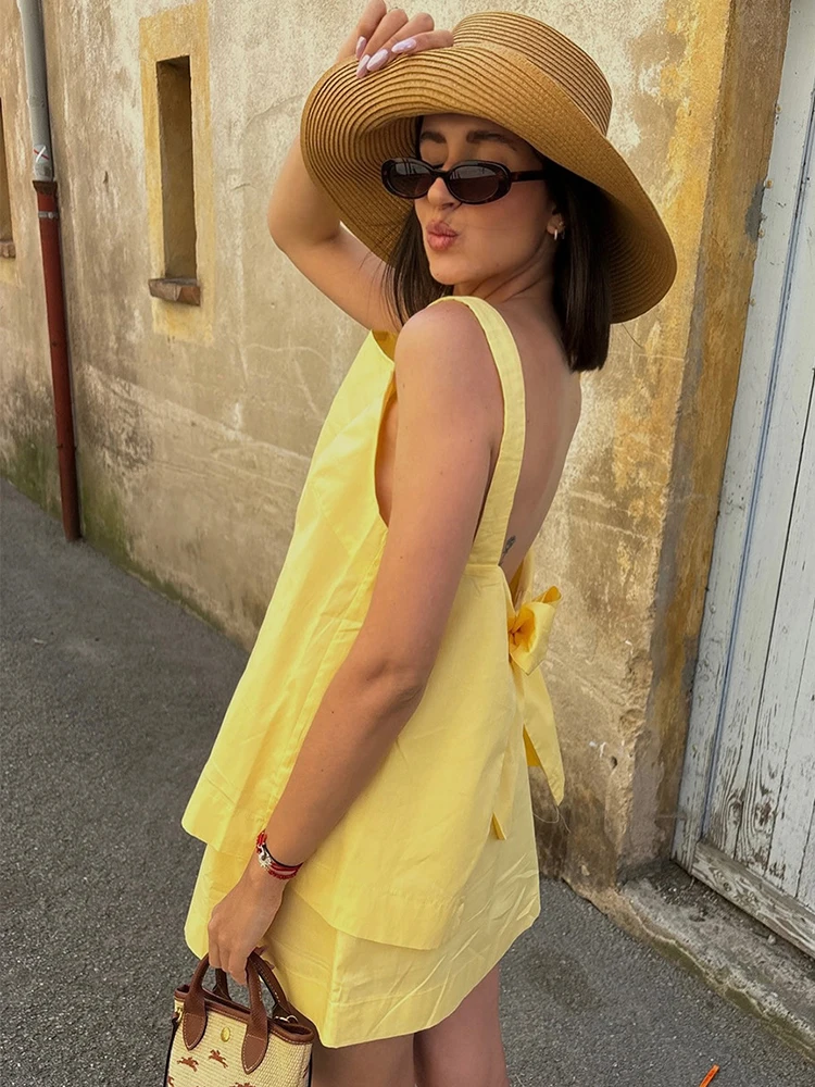 Tuularose Summer Skirt 2-Piece Set Sexy Bow Lace-up Strappy Backless Top Solid Skirt Set Casual Vacation 2026 Women's Dress Sets