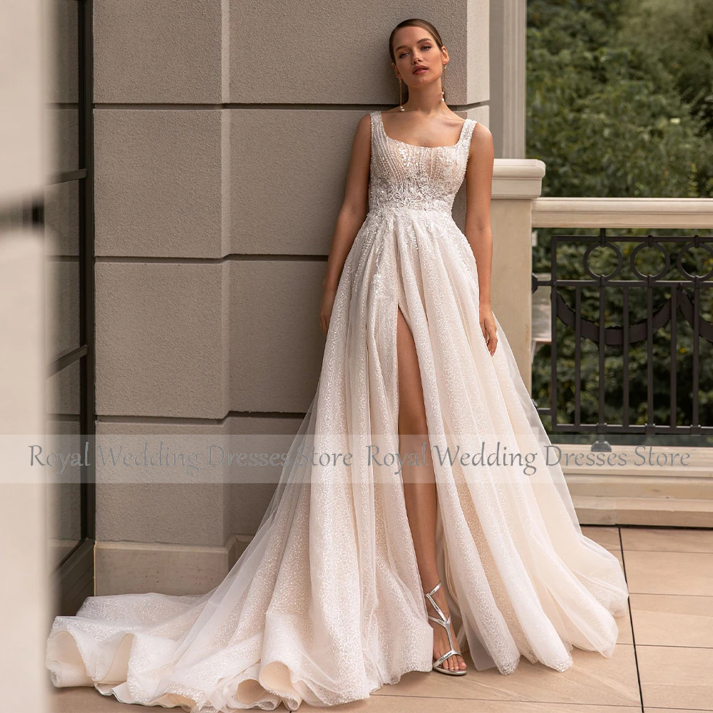 Robes de mariée A-ligne exquises pour femmes, luxe, fente haute, col carré, dos ouvert, appliques en tulle, longueur au sol, quelle que soit, 2023