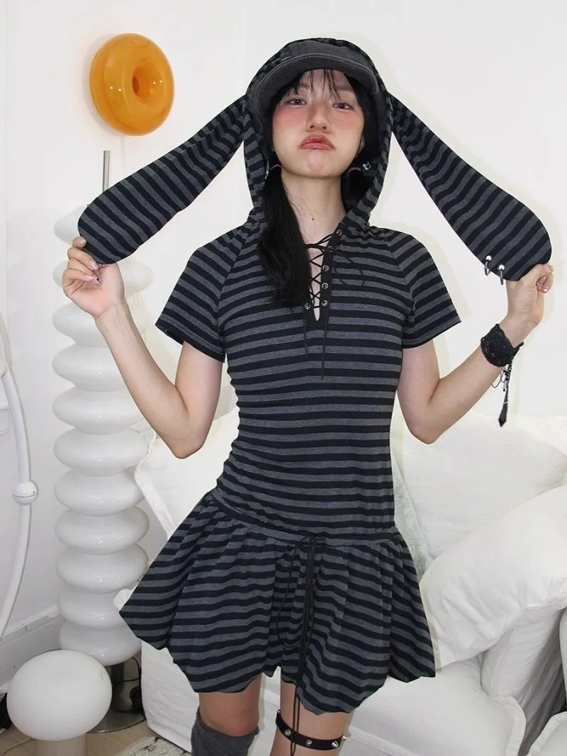 

Cute Girl Three-dimensional Rabbit Ear Black Gray Striped Dresses Summer New Age Reduction Hotsweet Y2K Waist Slimm Fluffy Dress