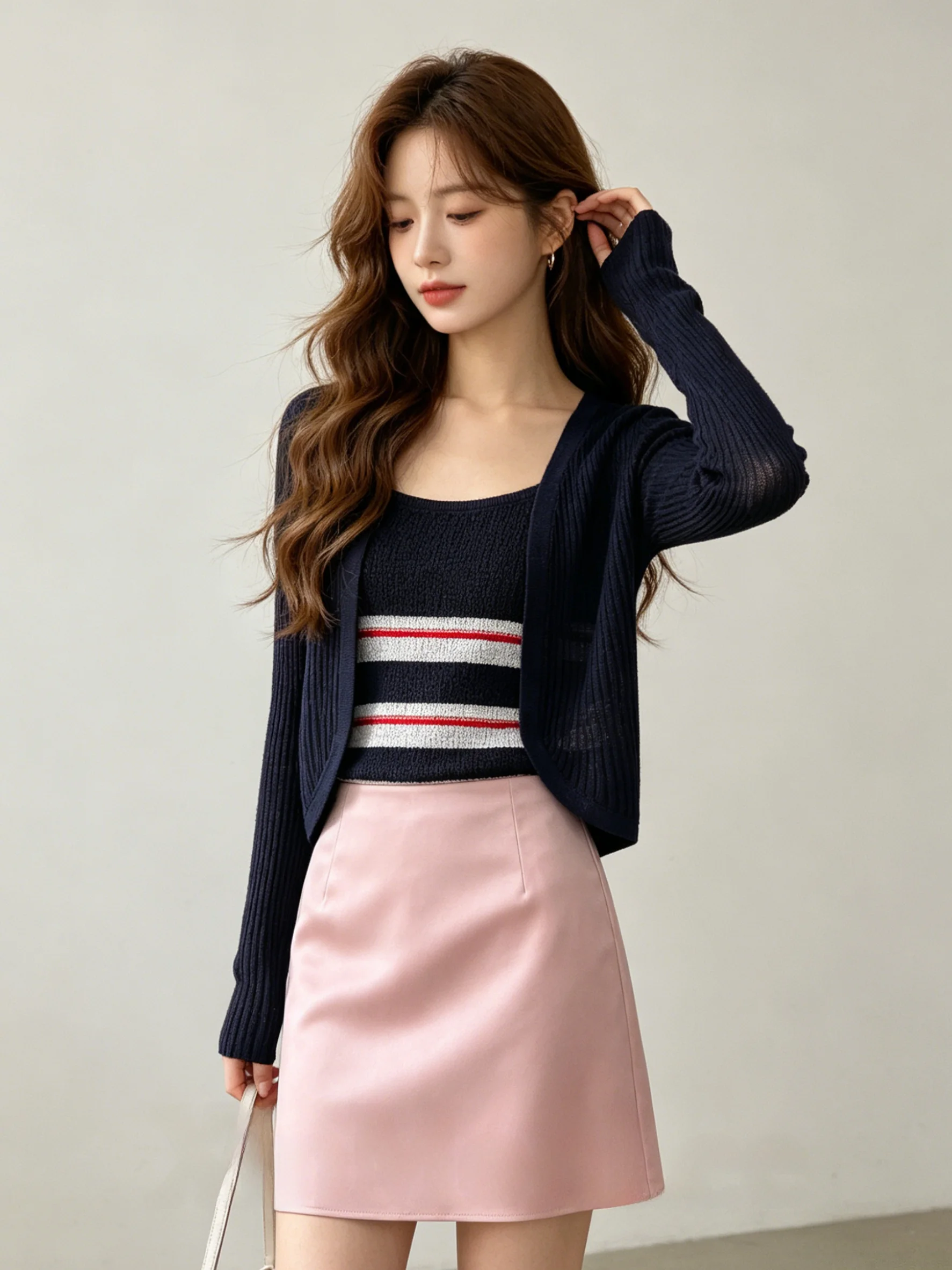 

Retro Slim Fit Blue Knitted Long Sleeve Open Cardigan Short Sleeve Breathable Stripe Tank Top Set Korean Style Summer Outfit