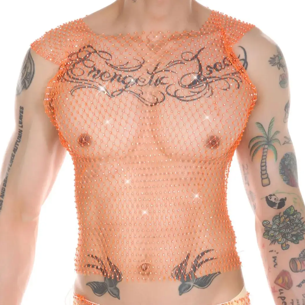 Camiseta Sem Mangas Transparente para Homens, Sexy, com Strass e Rede, Tops Musculares, Roupa de Lingerie
