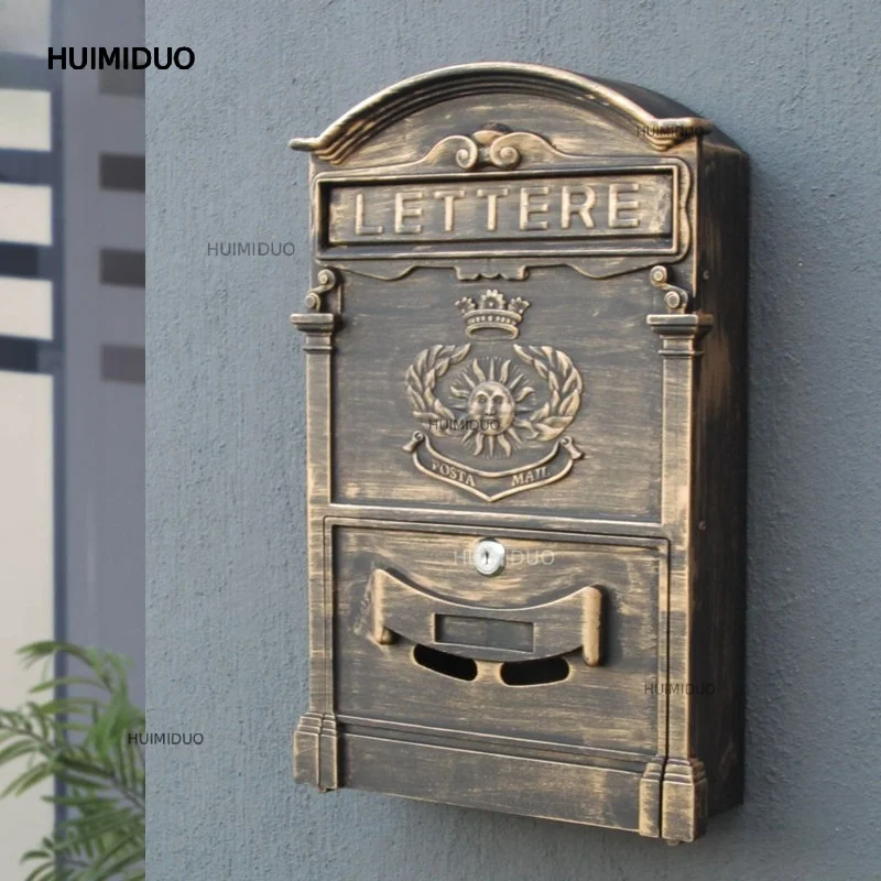 European Style Wall Mounted Letterbox, Retro Outdoor Lock Mailbox with Custom Printed House Number