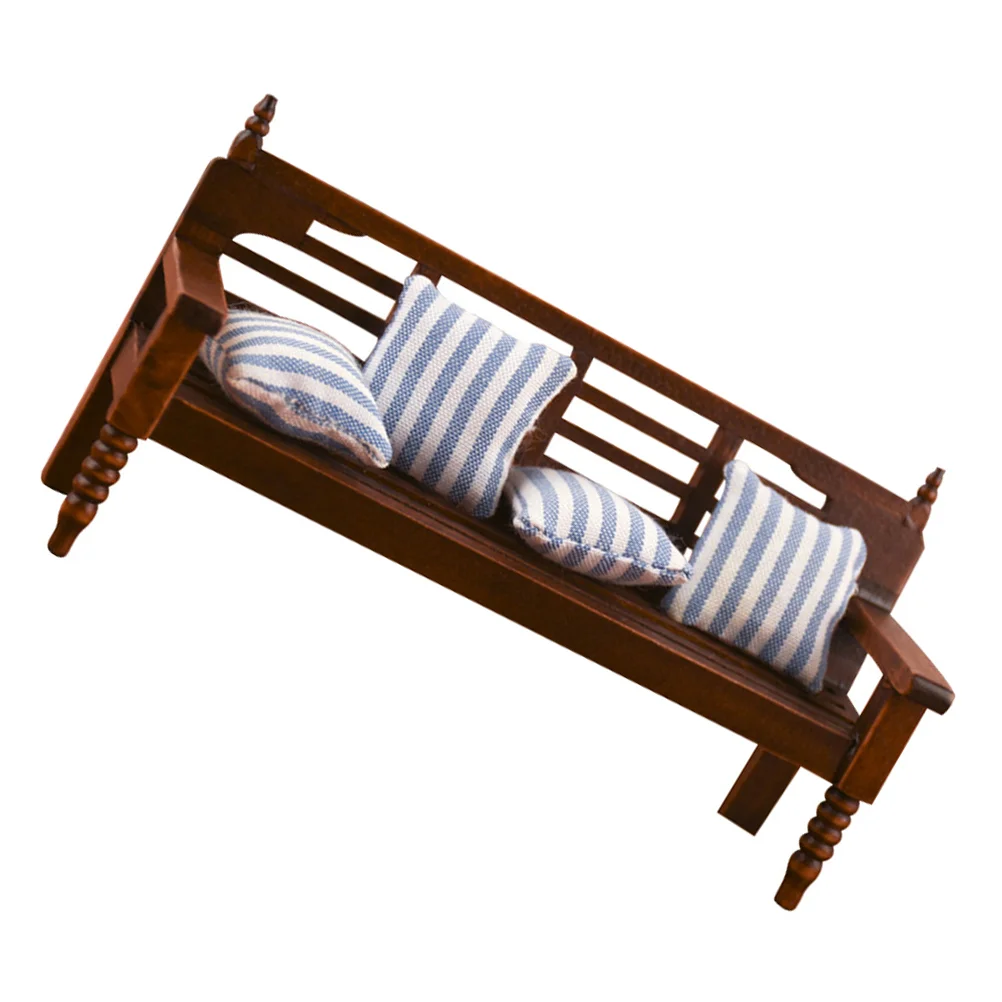 Multi-person Chair Model Wood Bench Mini House Decor Delicate Pillow Craft Decors Furniture