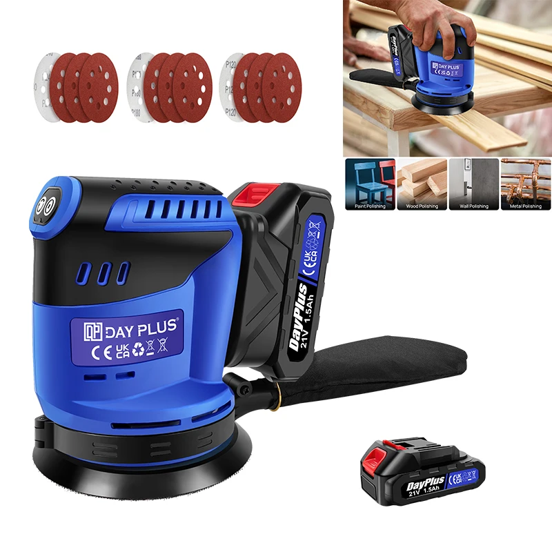 Levigatrice orbitale a batteria BRIEFNESS 21V con batteria, 360 °   Base girevole, 3 velocità, carta vetrata da 12 pezzi per levigatura per lucidatura di metalli in legno