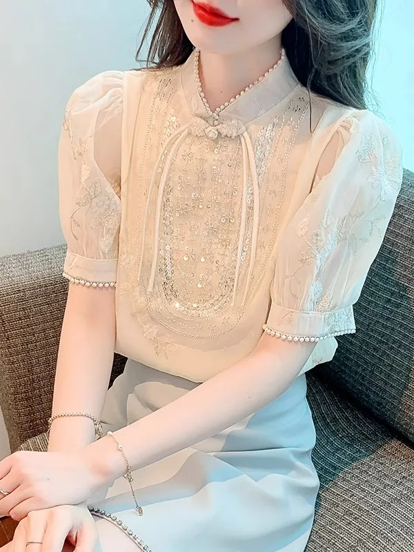 

Ele Embroidered Bubble Sve irt Women's Retro Improved Top Glittering Beads Resin Silk Korean Sle Commute