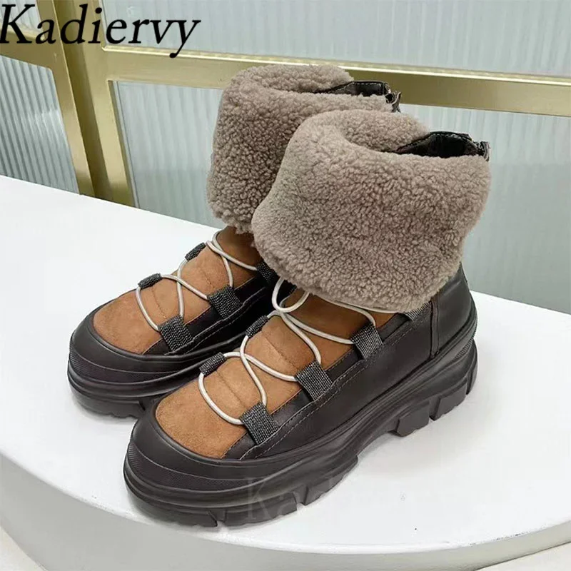 Luxury Fur Short Boots Woman Cross Lace Up Wool Warm Winter Shoes Woman String Bead Thick Sole Motorcycle Boots Women Botas