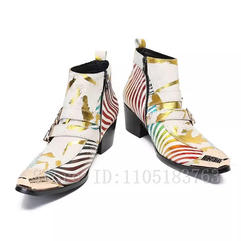Colorful Stripes Prints Genunie Leather Ankle Boots Men Brand New Fashion Meal Toe Double Buckle Thick Heels Chelsea Boots