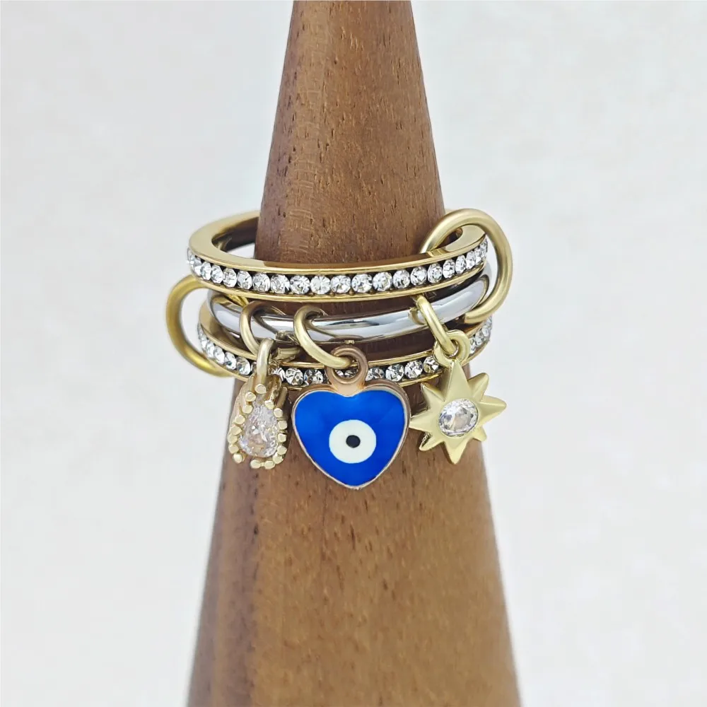 الملونة القلب مع دلايات عين الشر التراص خواتم للنساء الفتيات كامل زركونيا الفولاذ المقاوم للصدأ سبينلي كيلكولين خاتم