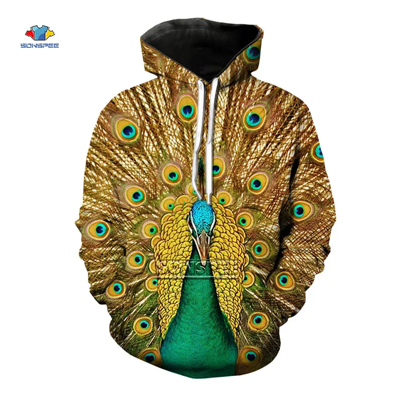 

SONSPEE Novelty Hoodies 3D Print Animal Peacock Feather Pattern Hooded Pullover Casual Loose Long Sleeve Streetwear Coat Man