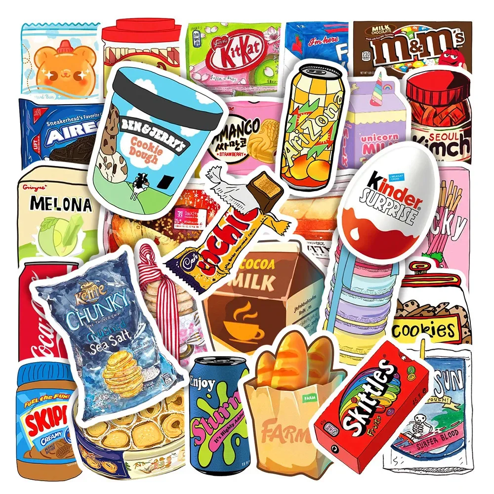 50Pcs Food Drink Snacks Stickers Packaging Phone Bike Wall Motorcycle Laptop Cute Cartoon Waterproof Sticker for Kids Toys