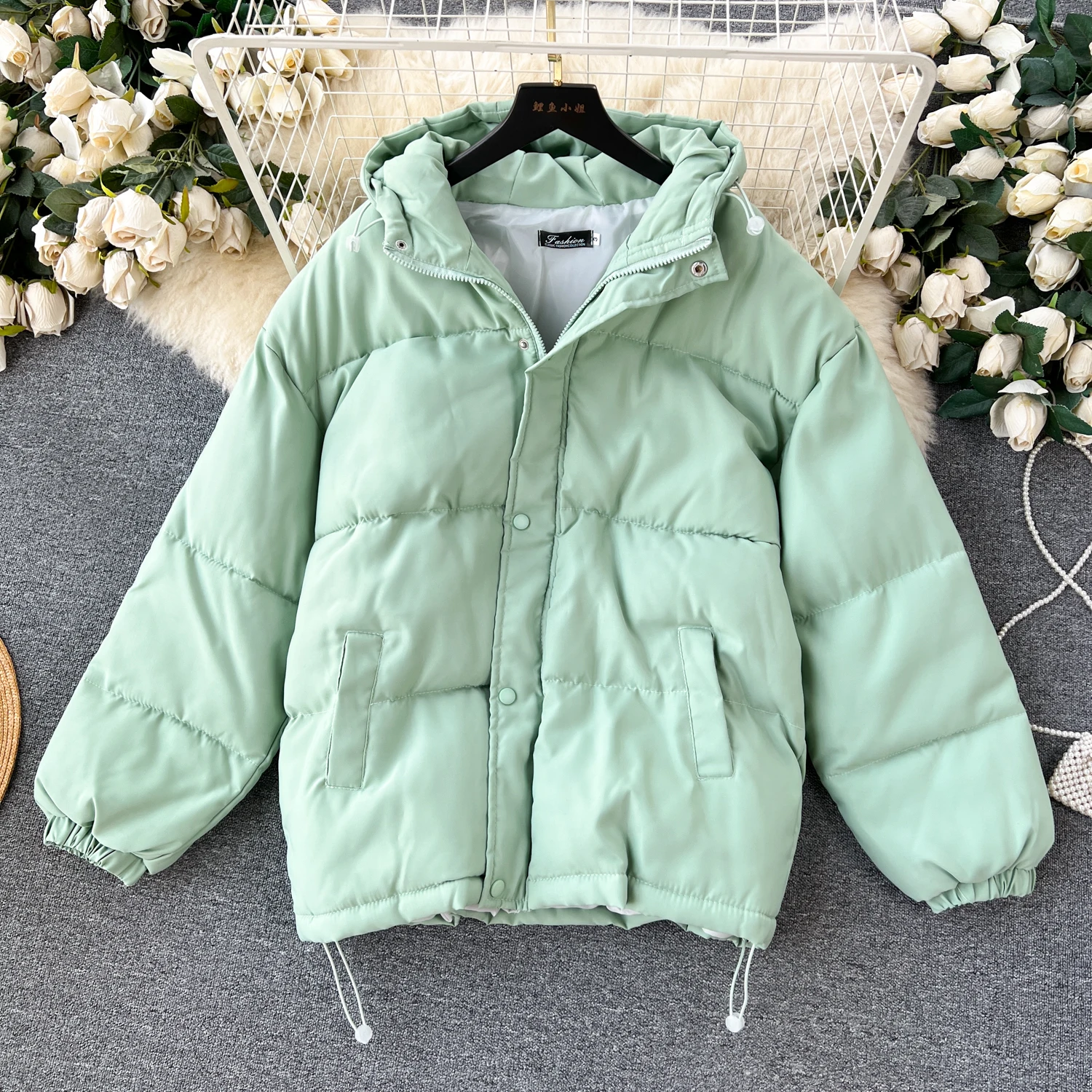 

Winter Hooded Green Cotton Jackets Korean Style Loose Thicken Warm Coats Leisure Solid All-matched Female Thermal Tops