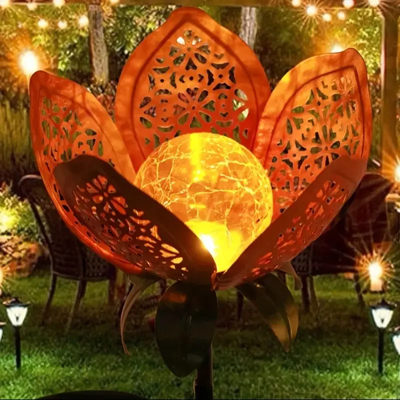 

Цельный солнечный металлический садовый светильник в форме лотоса, дизайн полых железных лепестков, очаровательное украшение для двора, принадлежности для украшения вечеринки