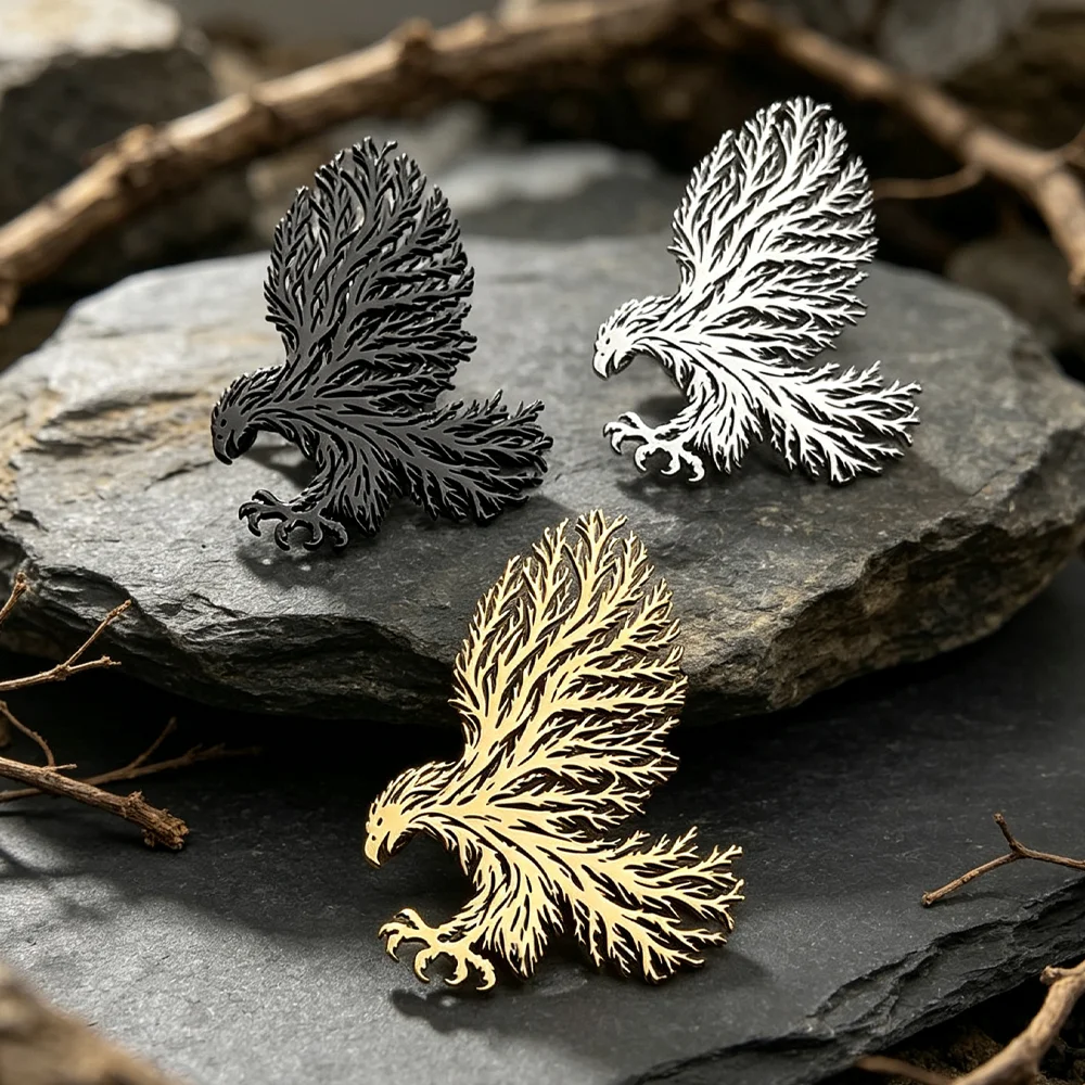Stainless Steel Hollow Eagle Brooch Tree Texture Lapel Pin Hollow‑cut Badge For Men Suit Jacket Backpack Clothing Accessory Gift