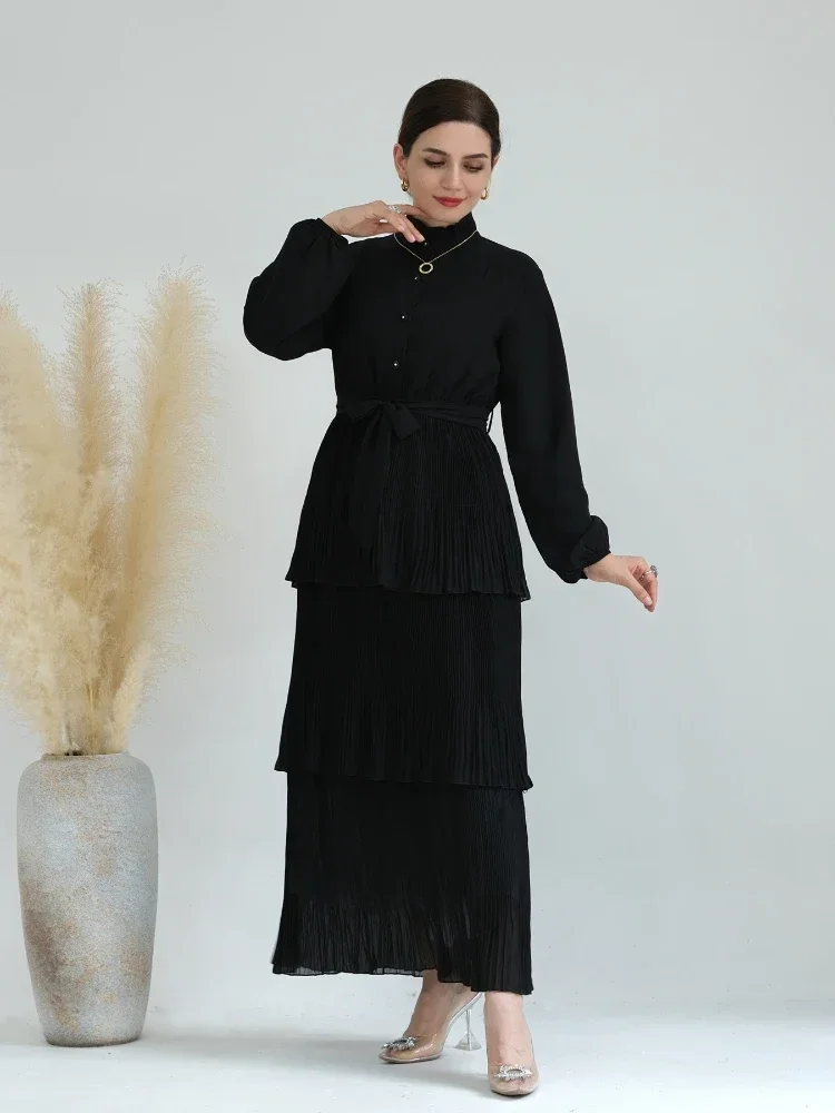 Eid Muslim 3 Layers Cake Dress Women Pleated Abaya Turtleneck Jalabiya Lace-up Morocco Party Dresses Kaftan Vestidos Long Robe