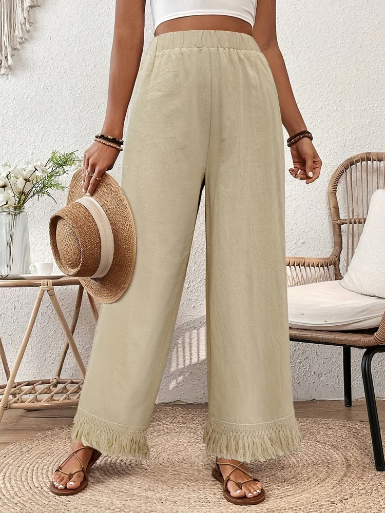 Full Length Loose Wide Leg Pants Tassel Elastic Waist Straight Cut Fashionable Casual Fringed Long Trousers Women's Trousers