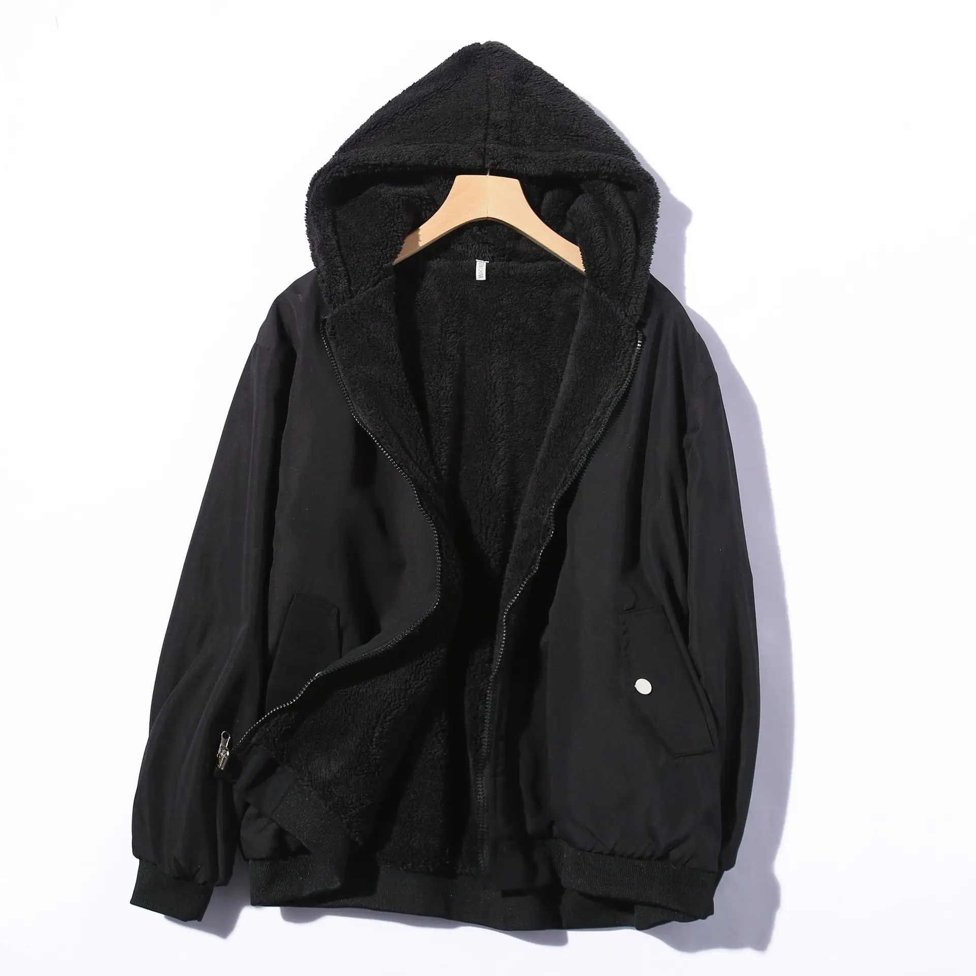 

Women Solid Fleece Jackets Long Sleeve Coat Zipper Jacket Cardigan Hooded Outerwear Loose Pockets High Street 2025 Winter