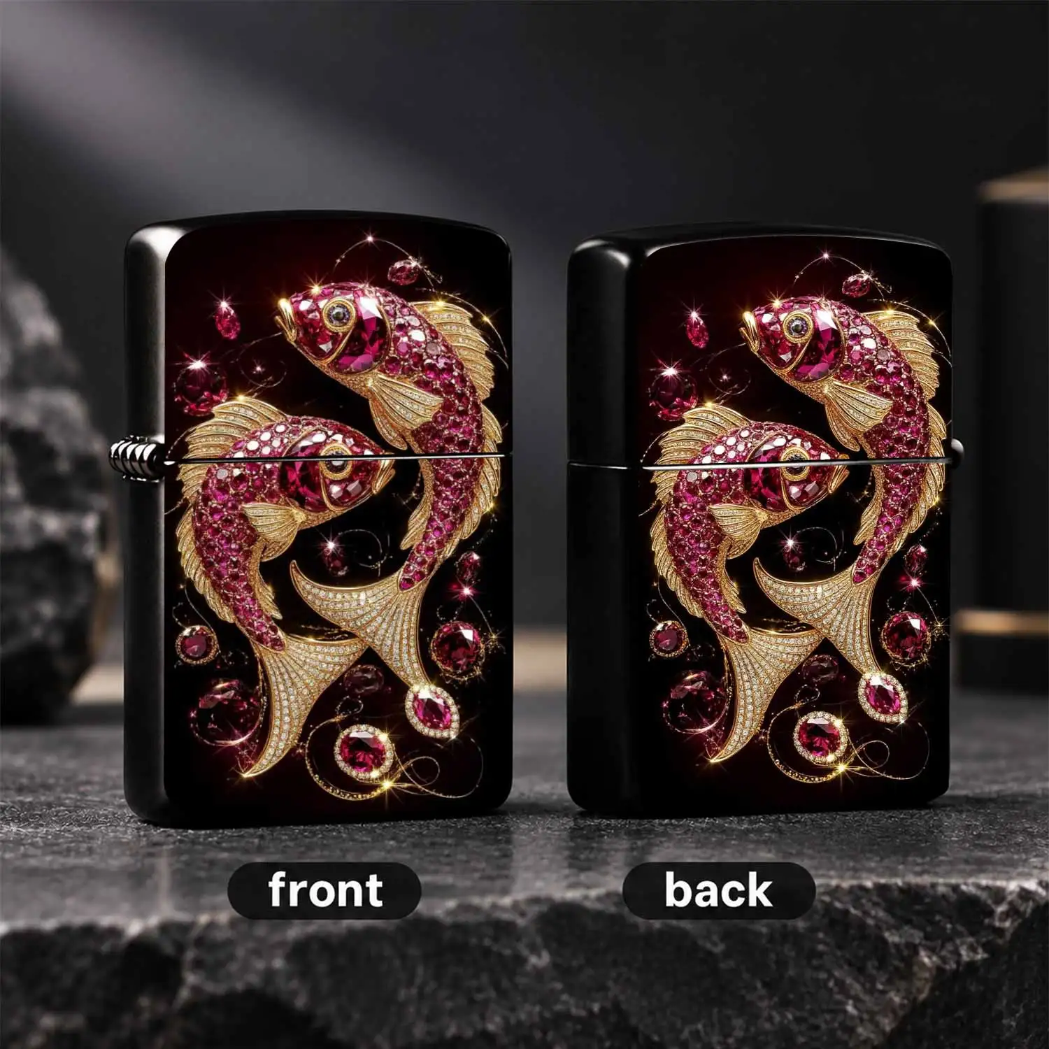 Exquisite Koi Pattern Portable Lighter, Luxurious Ruby Shimmering Double Fish Design, Elegant Decorative Ignition Tool For All Daily Scenarios, Ideal Gift Choice With Gorgeous Sparkling Craftsmanship, Fine Present For Friends And Family On