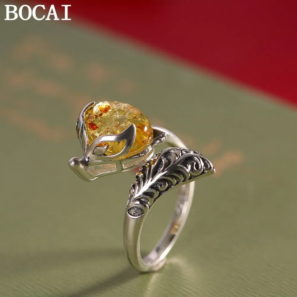 

BOCAI NEW S925 Silver Vintage Art Amber Set Spirit Fox Ring Women's Gift
