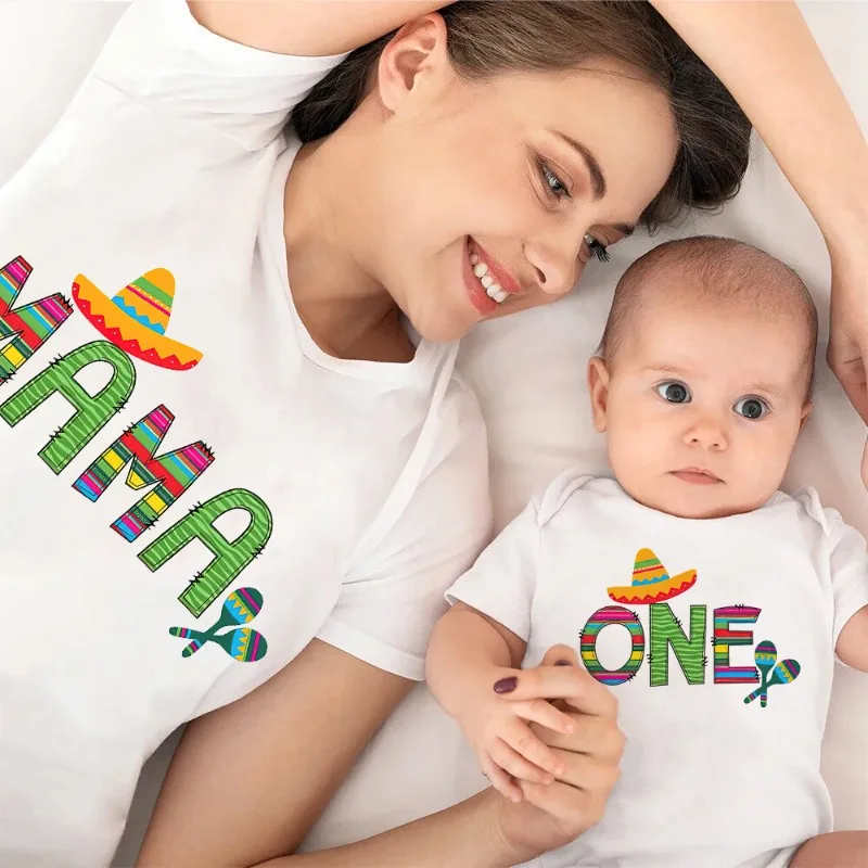 Birthday Outfit MAMA/ONE Print Family Matching Outfits Mom T-shirt+baby Romper Short Sleeve Family Set Birthday Party Clothes