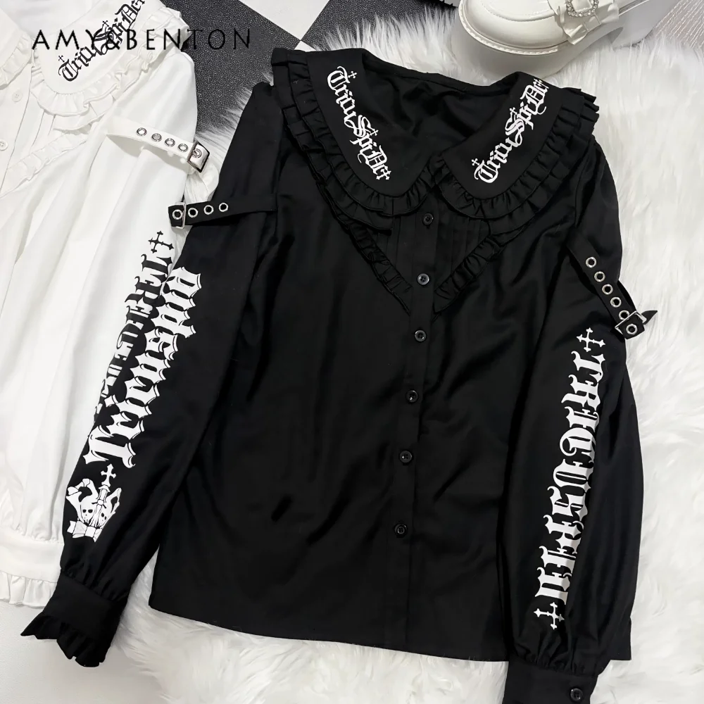 Harajuku Style Printed Subculture Dark Slim-fitting Long-sleeved Shirt Japanese Doll Collar Ruffle Edge Punk Shirt Womens Tops