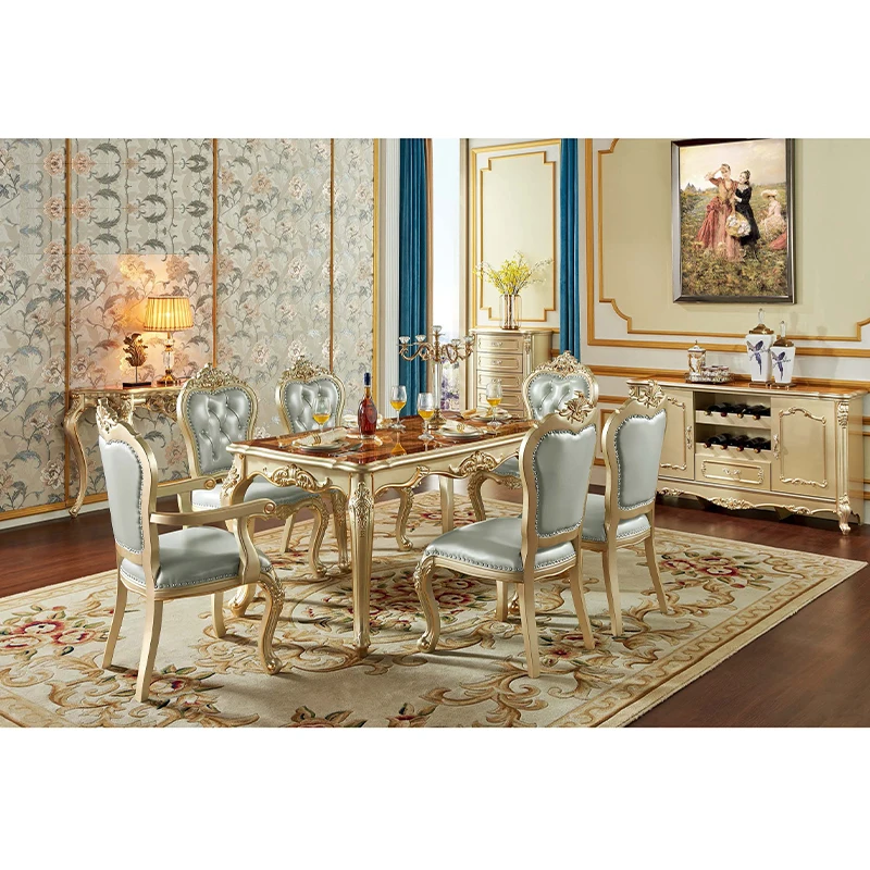 

Деревянный обеденный стол во французском королевском стиле с золотой резьбой, комплект мебели для столовой