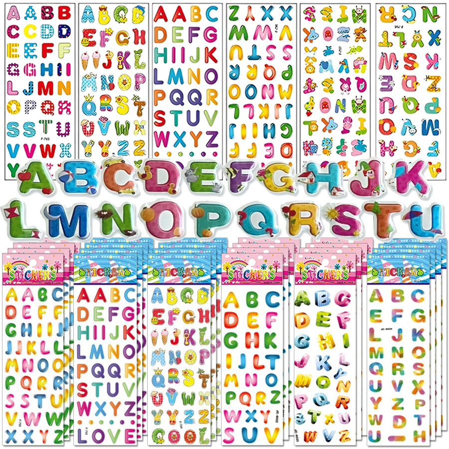 6/12/24pcs Cartoon Bubble Stickers (Letter Design) Self-adhesive & Easy to Stick for Laptop/Luggage Decoration Student Rewards