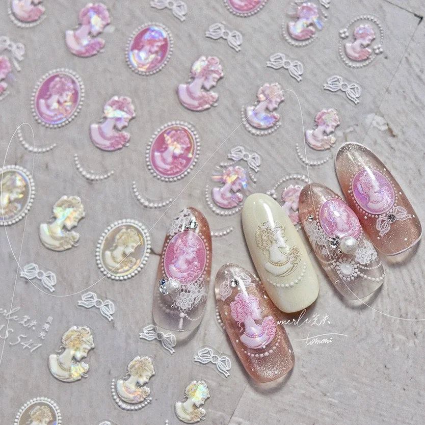 Pink Beige European Head Art Gypsum Statue Angel Butterfly Flower Window Bow Embossed Relief Nail Art Stickers Decoration Decal