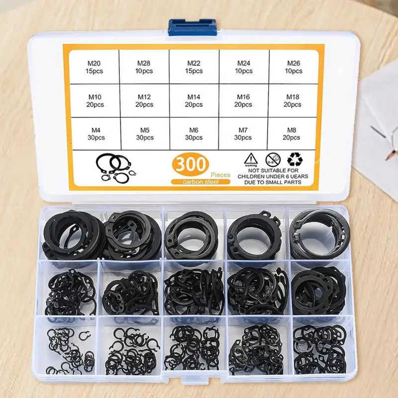 300PCS External Circlip C-clip M4-M28 Retaining Snap Ring Carbon Steel Black 15 Sizes C Type Retaining Rings For Bearing