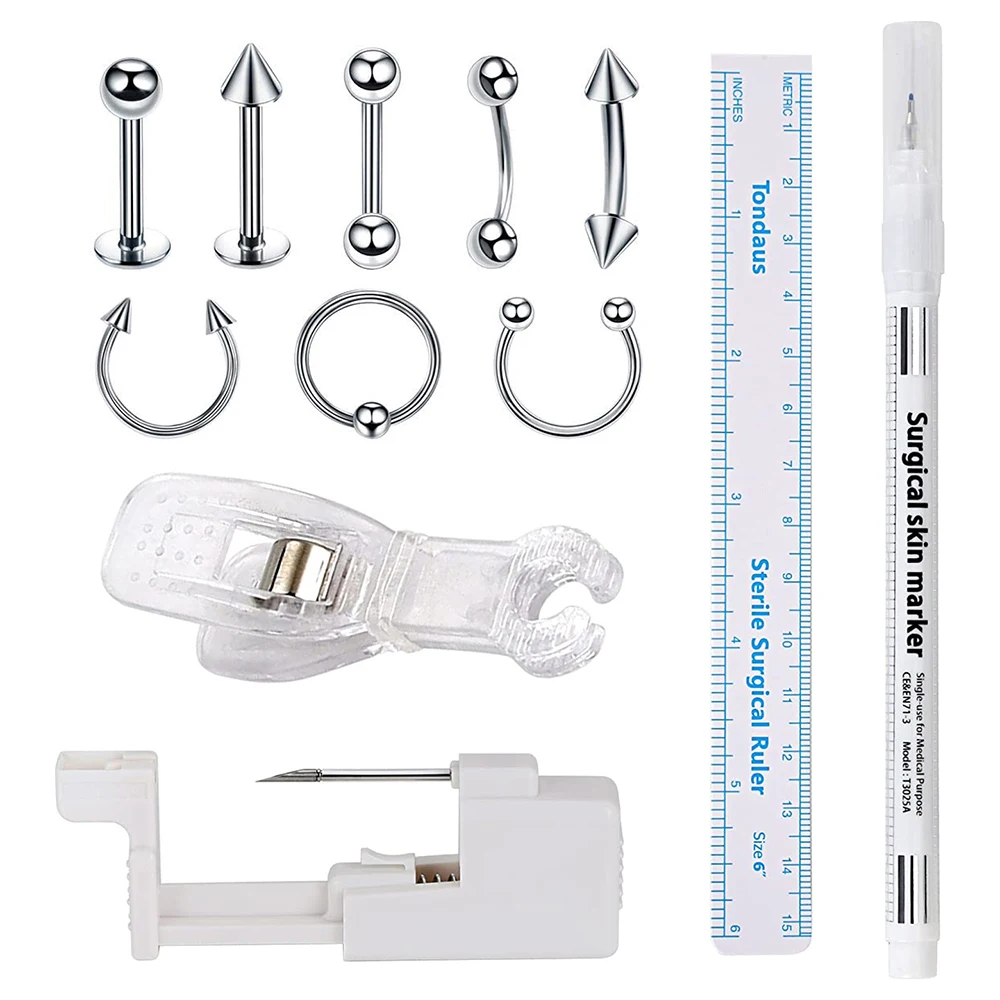 6PCS Body Piercing Kit - 16G Earring Lip Ring Hoseshoe Barbell with Body Piercing Gun and Piercing Clamp Remark Pen Piercing Kit