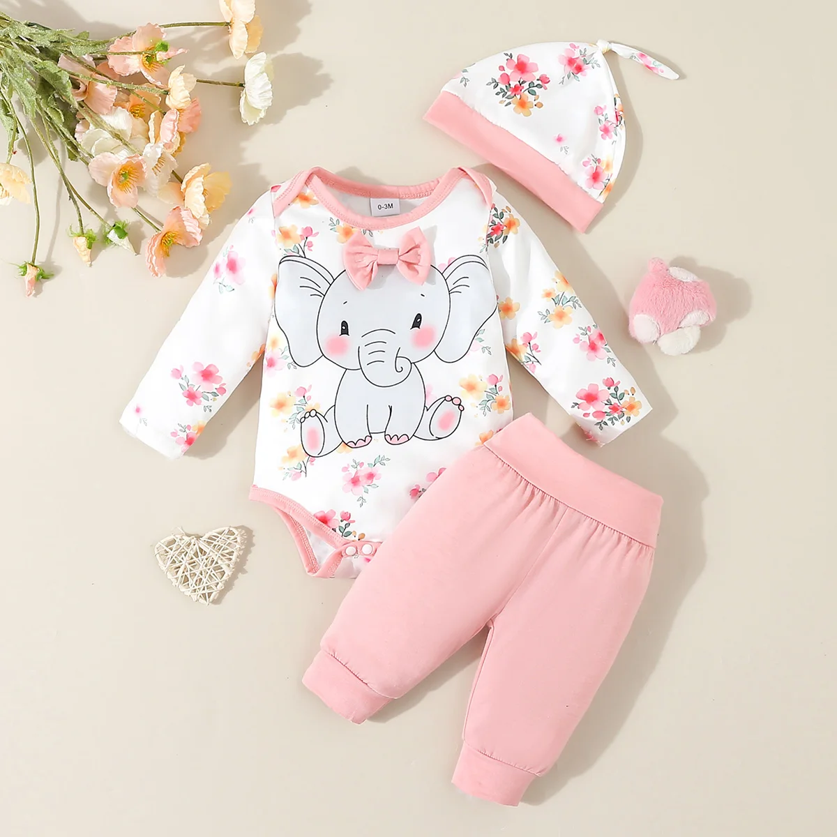 0-18months Newborn Cute Elephant Floral Cartoon Print Three-dimensional Bow Triangle Romper + Trousers + Hat Sweet Casual 3pcs Set