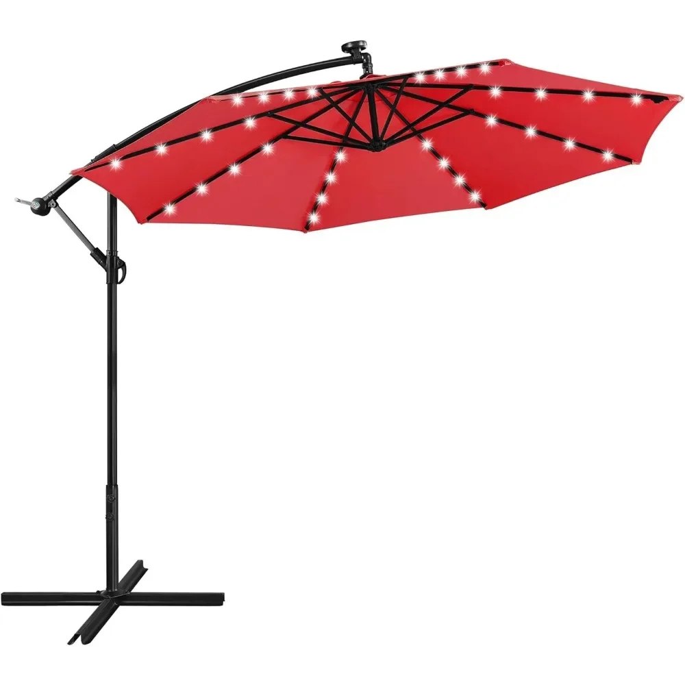 10FT Solar Offset Umbrella, with 32 LED Lights Cantilever Hanging Outdoor Umbrellas Handy Crank & Cross Base