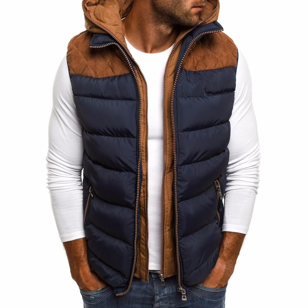 Colete masculino à prova de vento com capuz jaqueta masculina sem mangas duplo zip colete jaqueta de inverno jaqueta casual jaqueta masculina de