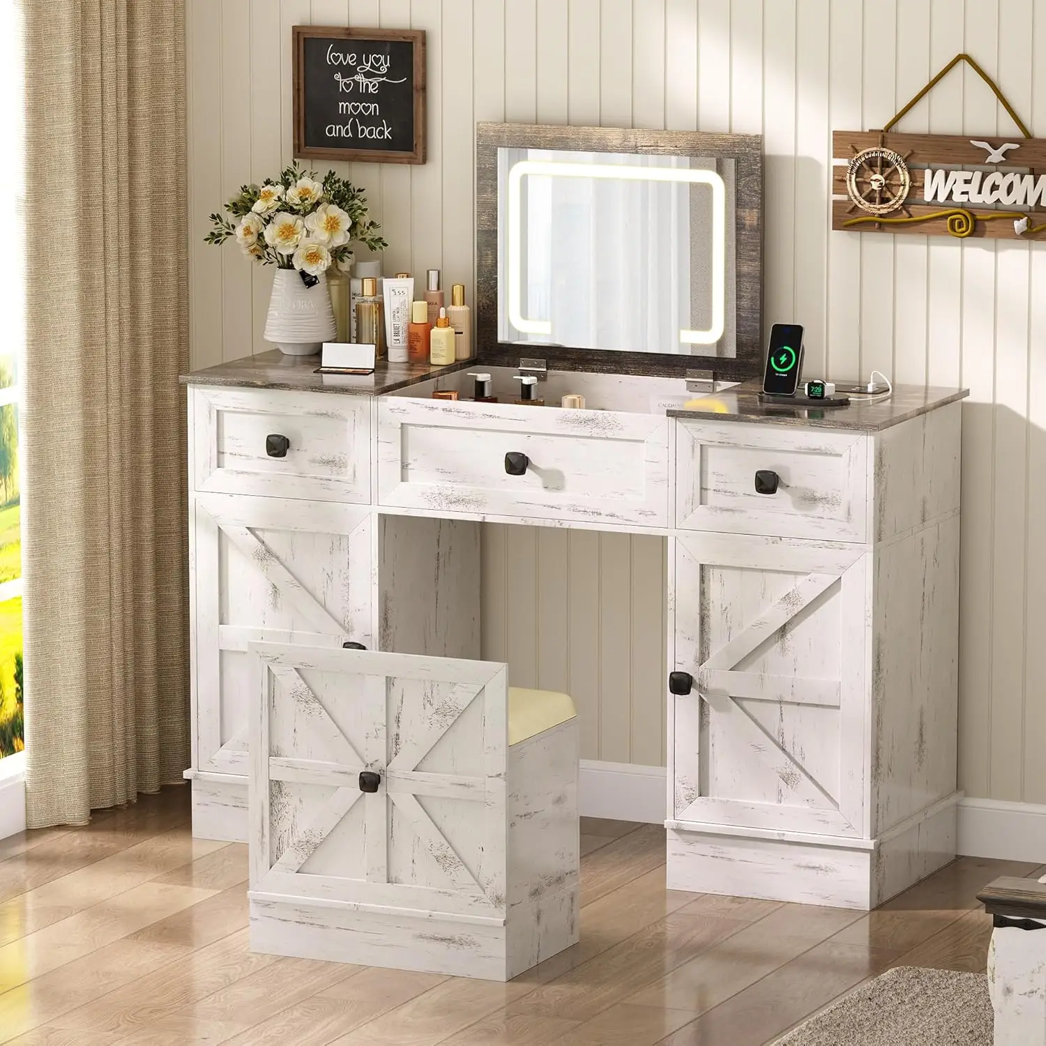 

Gurexl 3-in-1 Vanity Desk with 3-Color Lights and Mirror,47.2" W Makeup Vanity Set with Charging Station,LED Compact Dresser-Van