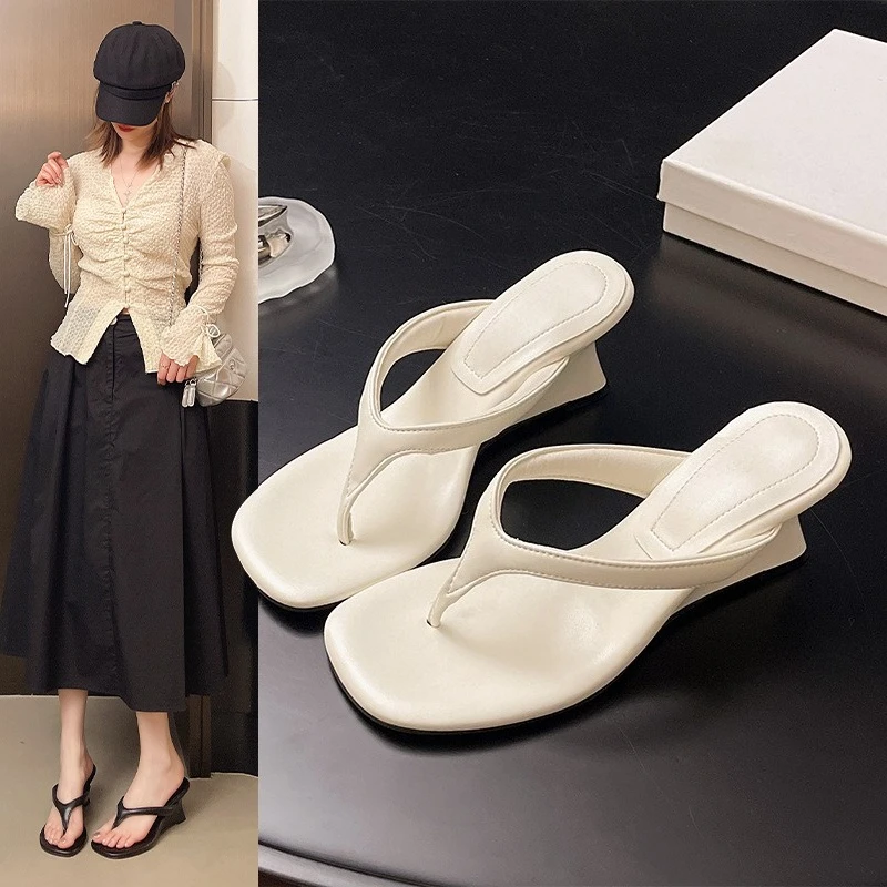 Outer wear French pinch flip-flops sandals summer shoe clips heightened simple wedge heel sandals new shoes