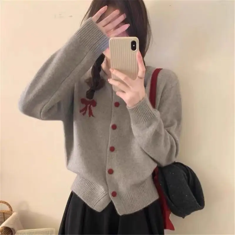 O-neck Solid Color Long Sleeve Knitting Cardigan Coat Women Autumn Winter Simplicity Bow Sweater Sweet All-match Knitwear Tops