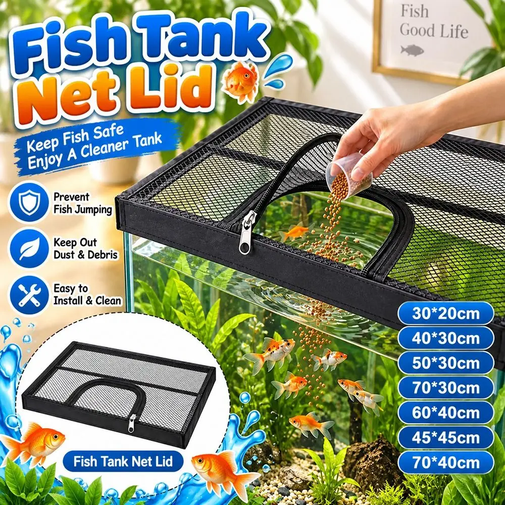 New Black Aquarium Mesh Cover Zippered Feeding Opening Fine Mesh Fish Tank Net Lid Anti-Jump Fish Tank Lid Cover Home Aquariums
