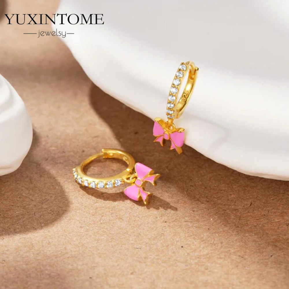 925 Sterling Silver Needle Trendy Pink CZ Enamel Piercing Hoop Earrings for Women Smiling Heart Huggie Earrings Fashion Jewelry