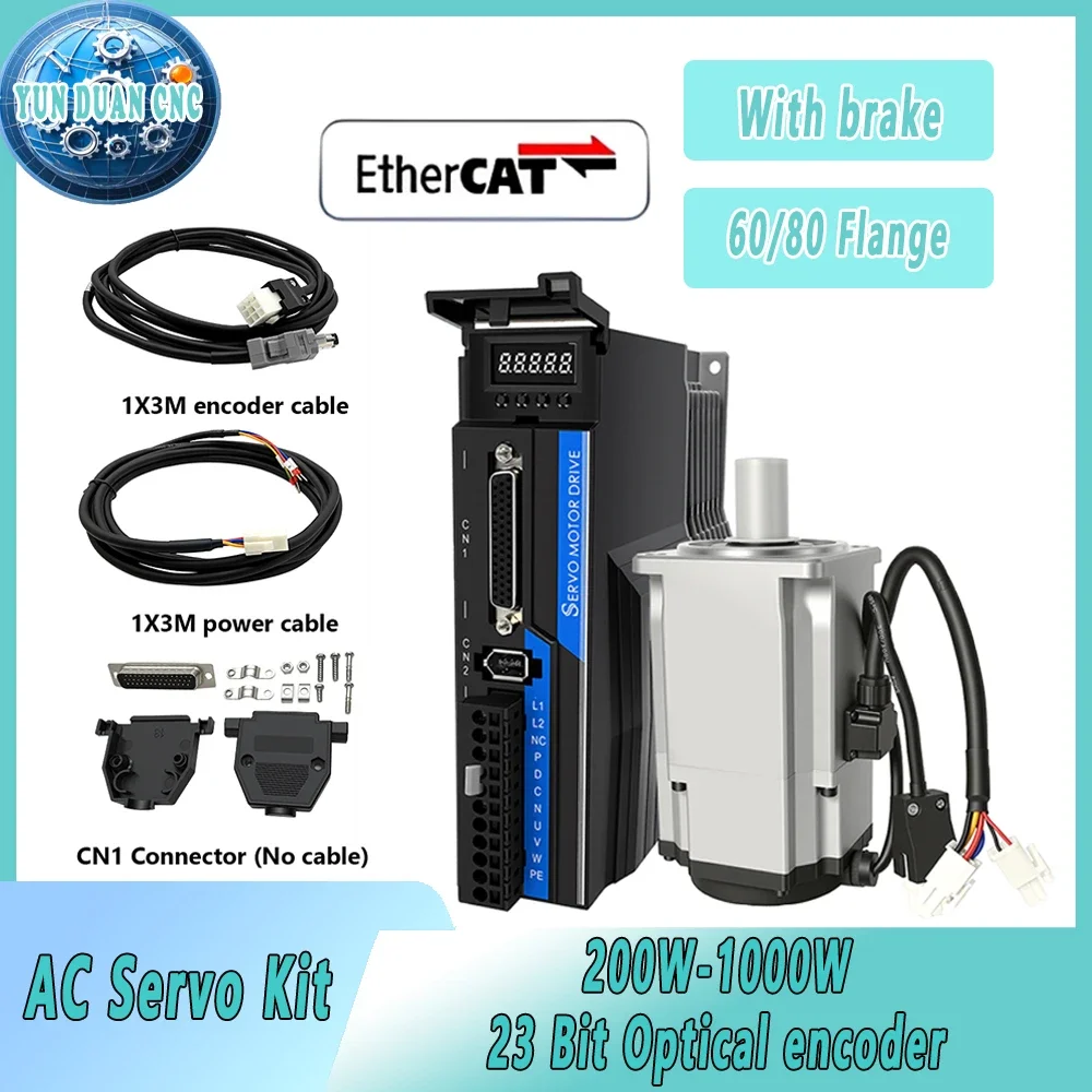 60/80 Flange AC Servo Motor Kit 23Bit Absolute Optical Encoder Servo 200W 400W 600W 750W 1KW Ethernet With Brake For CNC Engage
