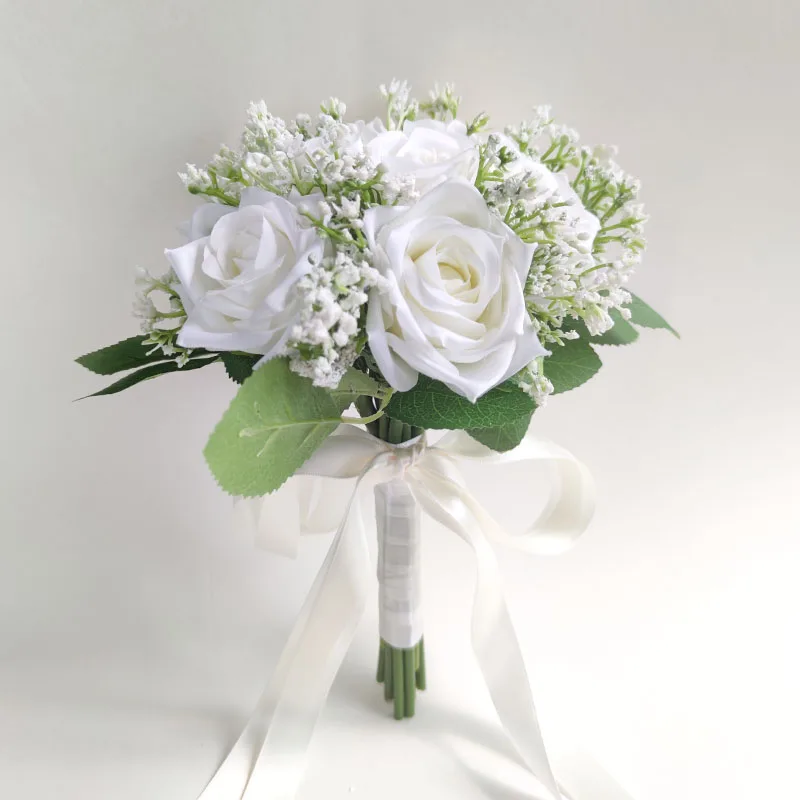 Bruid Boeket Witte Zijden Rozen Kunstbloemen Babysbreath Boutonniere Mariage Bruidsmeisjes Corsage Bruiloft Accessoires