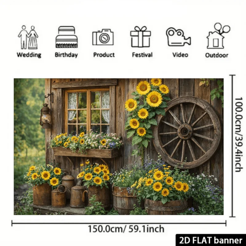 Large Rustic Farmhouse Sunflower Wall Tapestry Hanging Decor Cottagecore Boho Style Wood Window Art Banner for Summer Fall Home