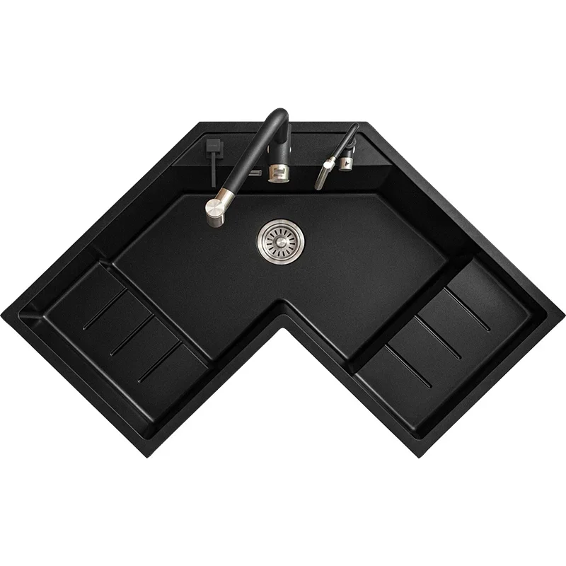 

Kitchen Quartz Stone Corner Sink Corner Vegetable Wash Basin L-shaped Irregular Large Single Sink Drainage Package
