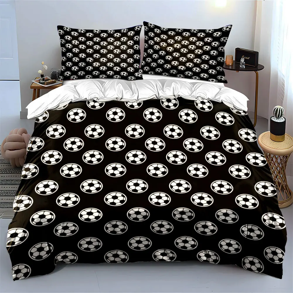 Repeating soccer ball pattern on black Bedding Set 1 Duvet Cover 2 Pillowcases for Adult and Children Luxury Gift Full Size