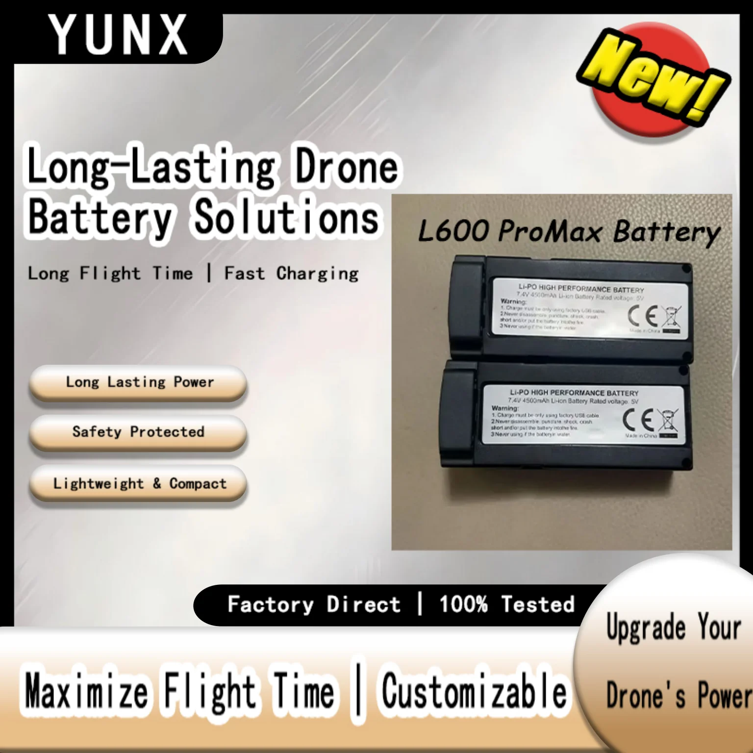 

Аккумулятор YUNX 7.4V 4500mAh увеличенной емкости для квадрокоптера LYZRC L600 ProMax, запасные части